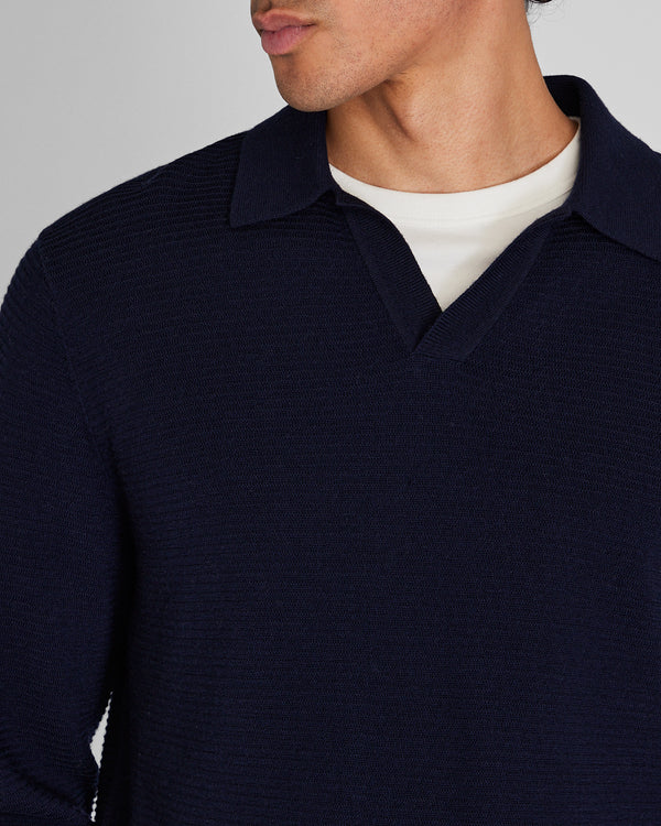 Club Monaco Long-Sleeve Textured Johnny Collar Knit Polo Navy
