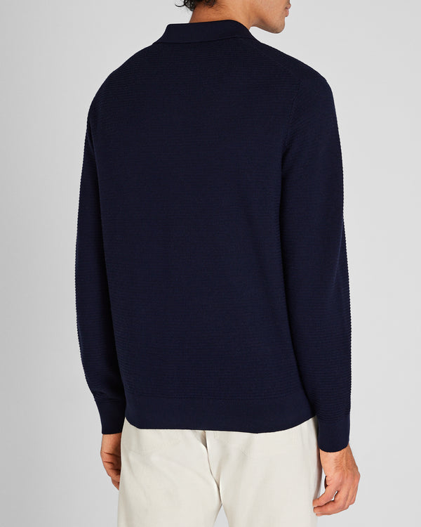 Club Monaco Long-Sleeve Textured Johnny Collar Knit Polo Navy