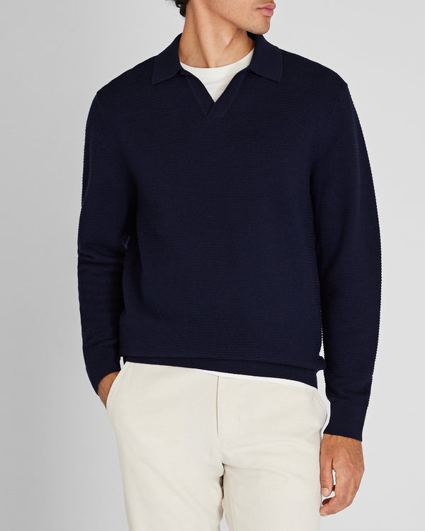 club monaco Long-Sleeve Textured Johnny Collar Knit Polo Navy