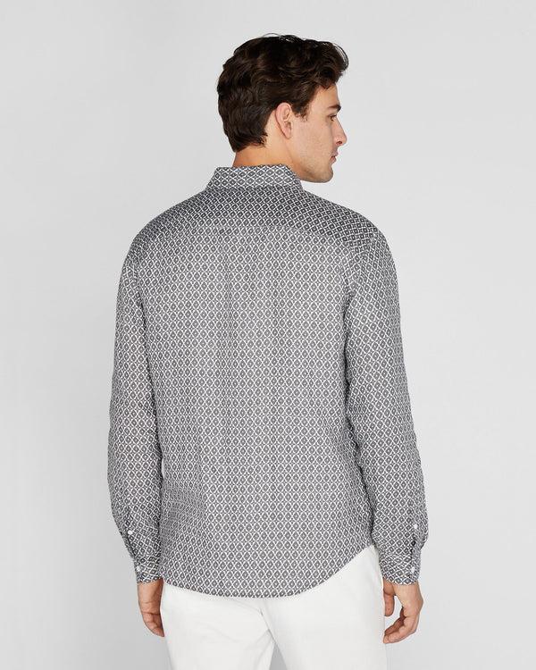 Club Monaco Long Sleeve Tile Print Linen Button Down Shirt Med Grey Mix