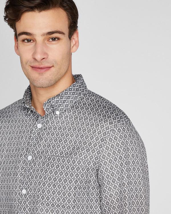 Club Monaco Long Sleeve Tile Print Linen Button Down Shirt Med Grey Mix
