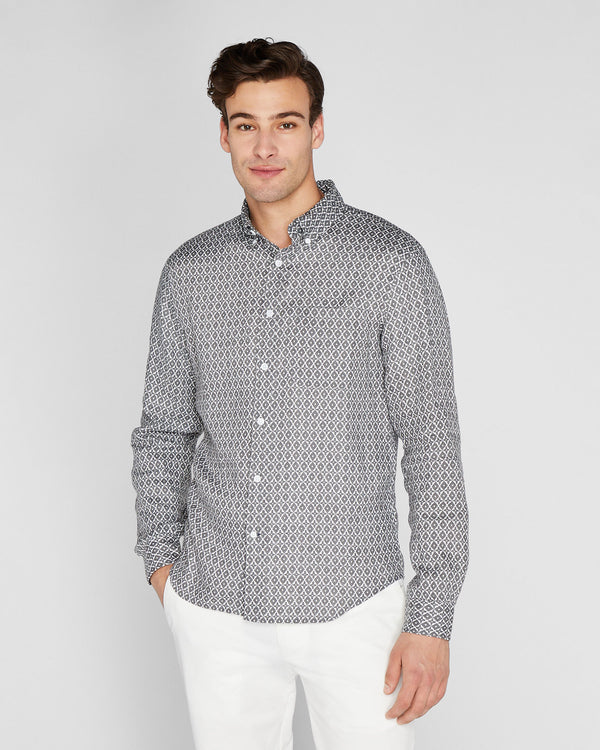 club monaco Long Sleeve Tile Print Linen Button Down Shirt Med Grey Mix
