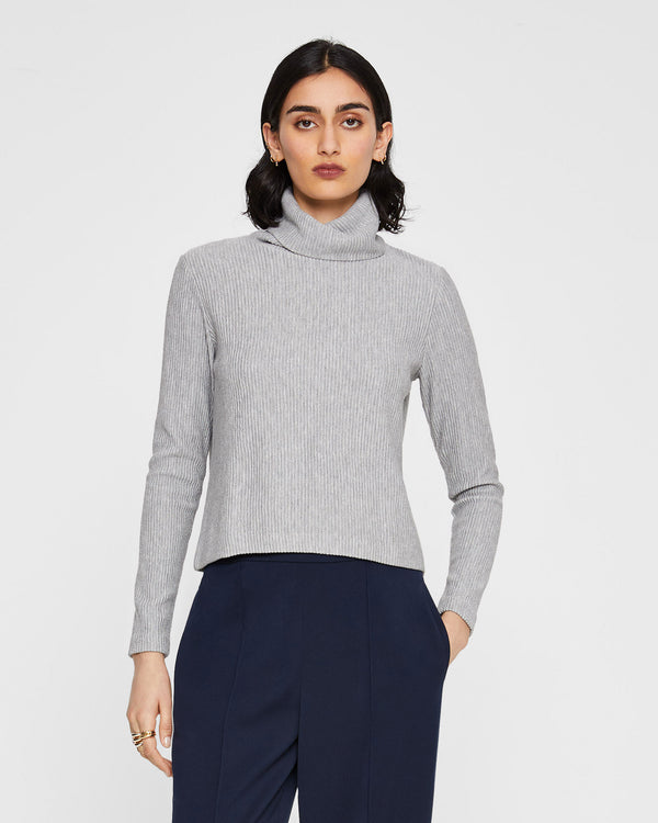 club monaco Meredy Rib-Knit Turtleneck Top Heather Grey