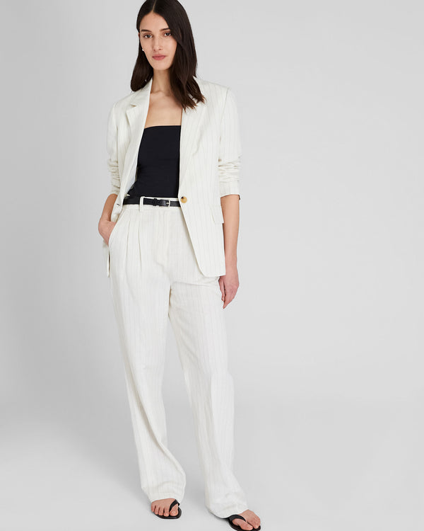club monaco Pinstripe Pleated Linen Blend Trouser Ivory Mix