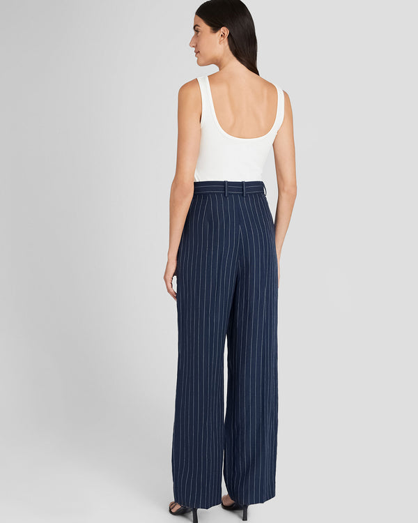 Club Monaco Pinstripe Pleated Linen Blend Trouser Navy