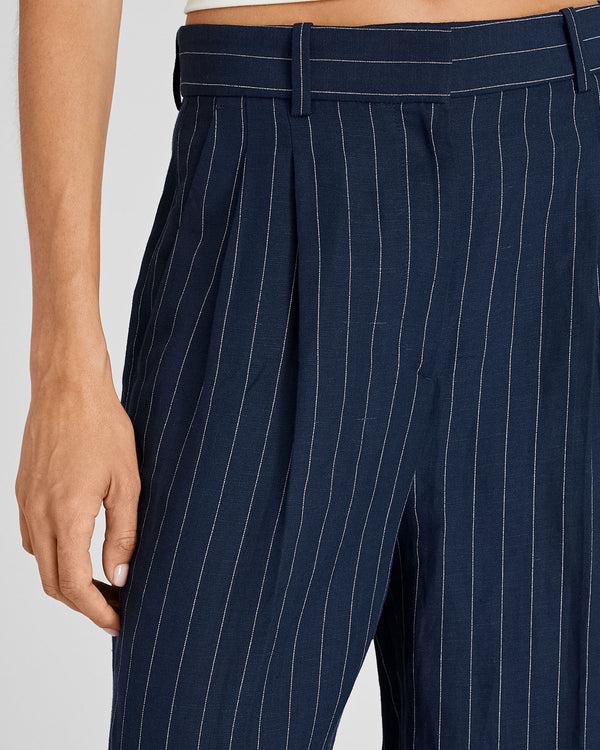 Club Monaco Pinstripe Pleated Linen Blend Trouser Navy