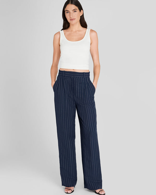Club Monaco Pinstripe Pleated Linen Blend Trouser Navy