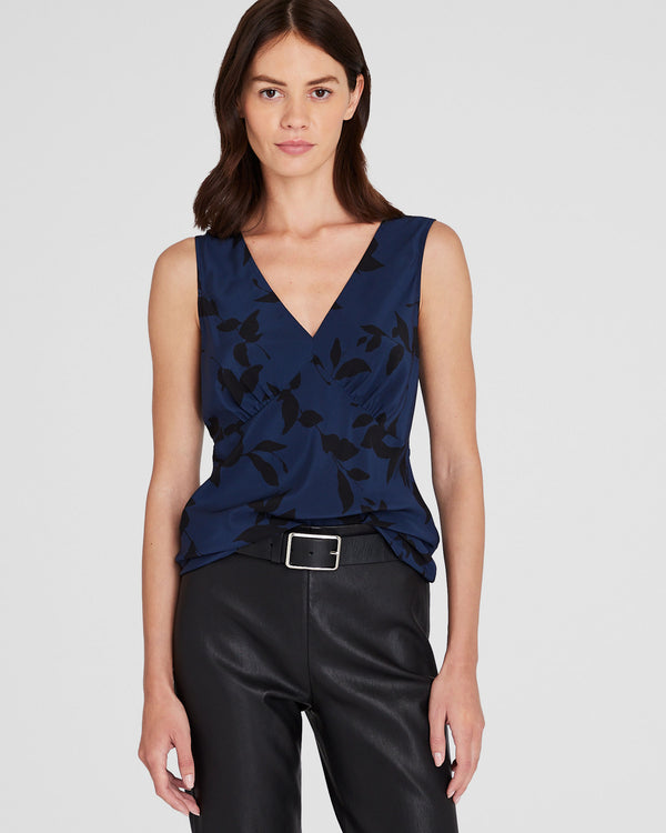 club monaco Printed Silk V-Neck Sleeveless Top Blue Mix
