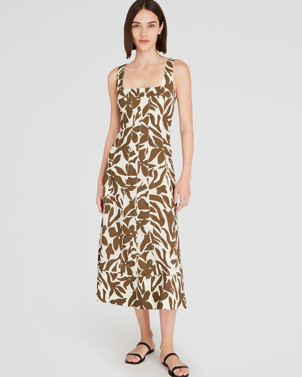 club monaco Printed Square-Neck Midi Dress Military Olive
