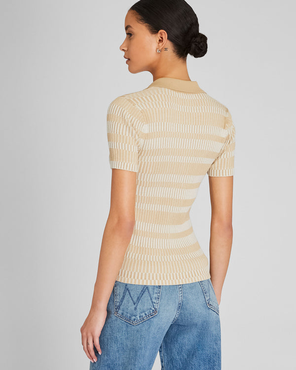 Club Monaco Ribbed Johnny Collar Sweater Tee Beige Mix