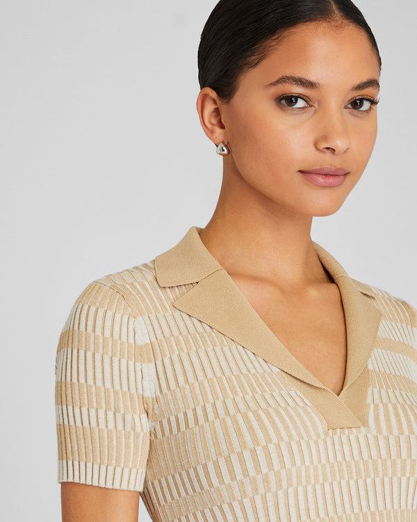 Club Monaco Ribbed Johnny Collar Sweater Tee Beige Mix