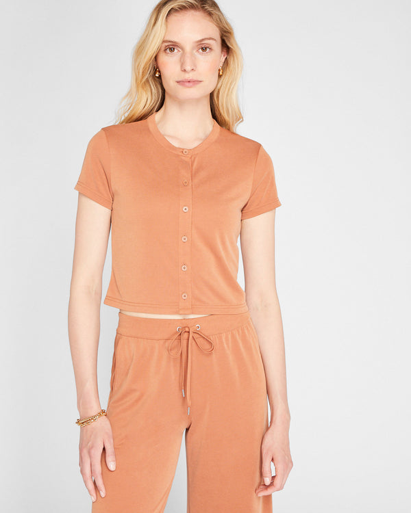 club monaco Sandwash Piqué Short Sleeve Cardigan Light Brown