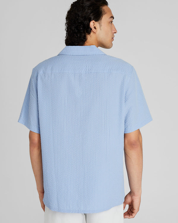 Club Monaco Short Sleeve Camp Collar Seersucker Shirt Blue