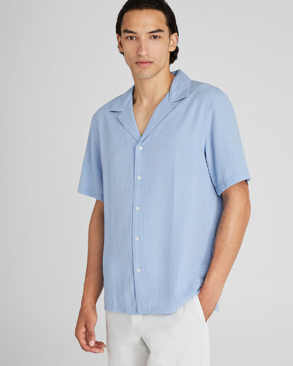 club monaco Short Sleeve Camp Collar Seersucker Shirt Blue