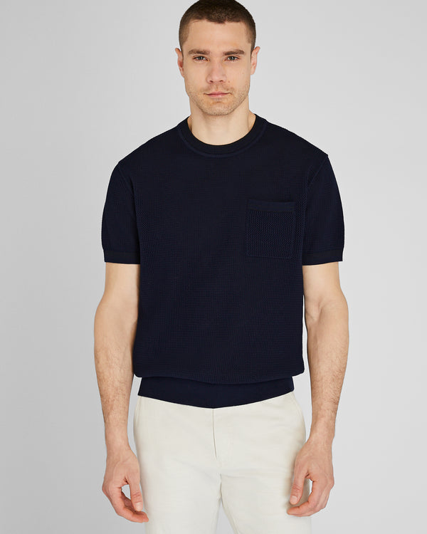 club monaco Short-Sleeve Open Stitch Tipped Sweater Dark Navy