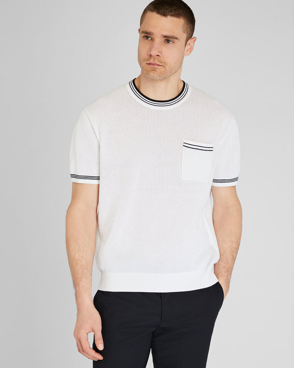 club monaco Short-Sleeve Open Stitch Tipped Sweater White