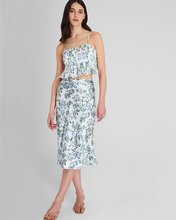 Club Monaco Silk Charmeuse Cropped Flounce Tank Blue Print