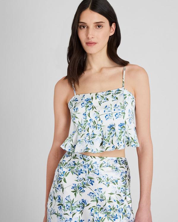 club monaco Silk Charmeuse Cropped Flounce Tank Blue Print