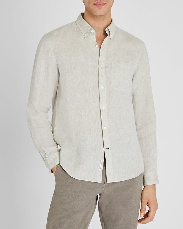 club monaco Slim Long-Sleeve Button-Down Linen Shirt Beige Mix