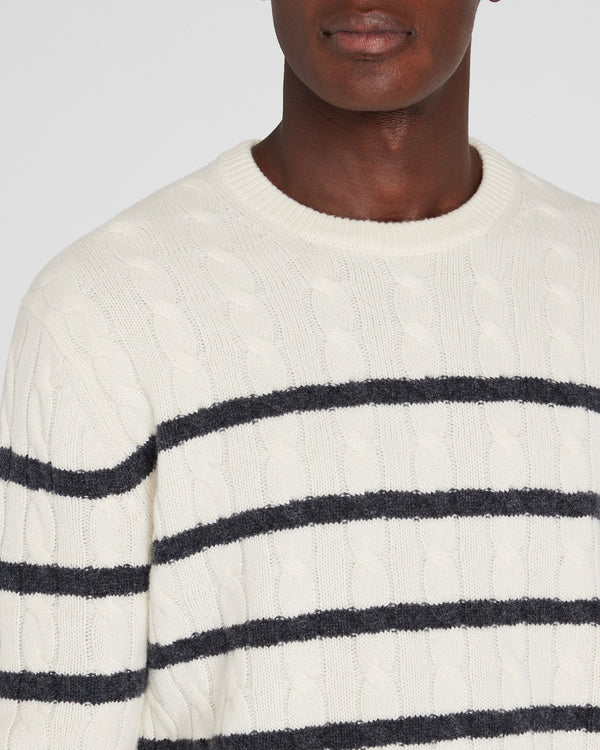 Club Monaco Striped Cashmere Cable-Knit Crewneck Ivory