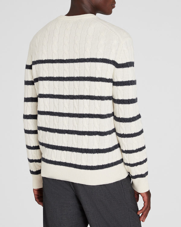 Club Monaco Striped Cashmere Cable-Knit Crewneck Ivory