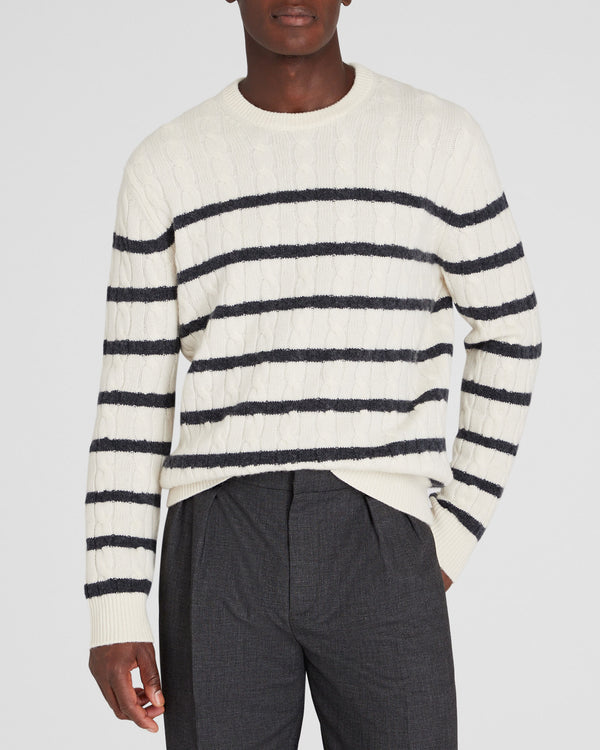 club monaco Striped Cashmere Cable-Knit Crewneck Ivory
