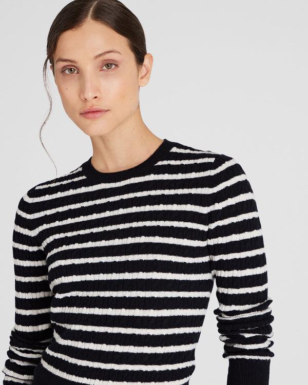 Club Monaco Striped Cashmere Mini-Cable Crewneck White