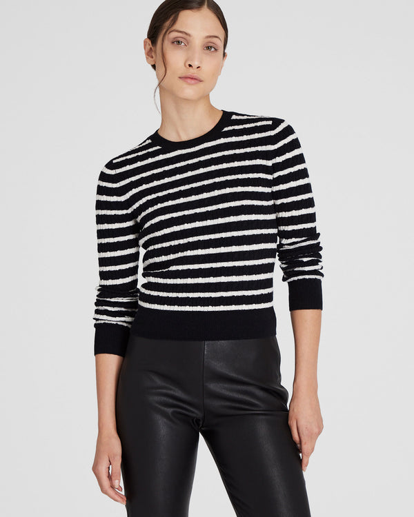 club monaco Striped Cashmere Mini-Cable Crewneck White