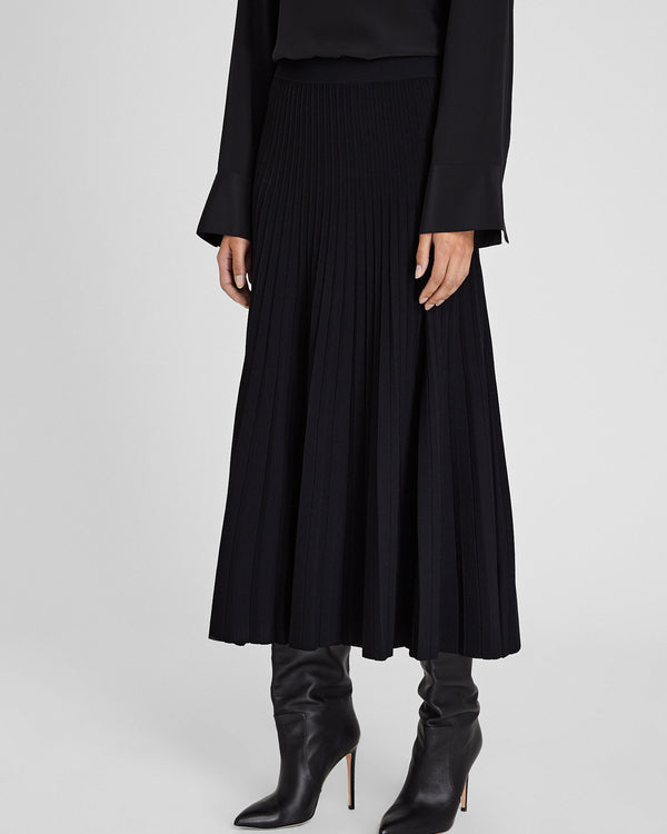 Club Monaco Sunburst Pleat Ribbed Knit Midi Skirt Black
