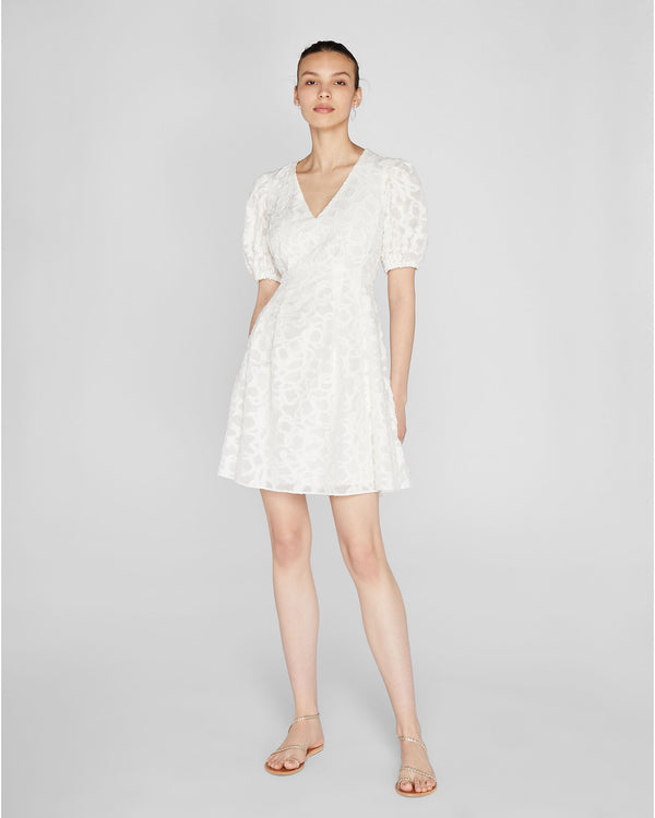 club monaco Textured Puff Sleeve V-Neck Dress Blanc De Blanc