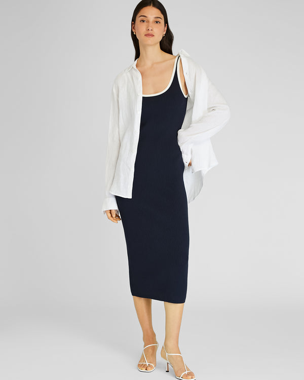 Club Monaco Textured Ribbed Tank Dress With Contrast Trim Dark Navy