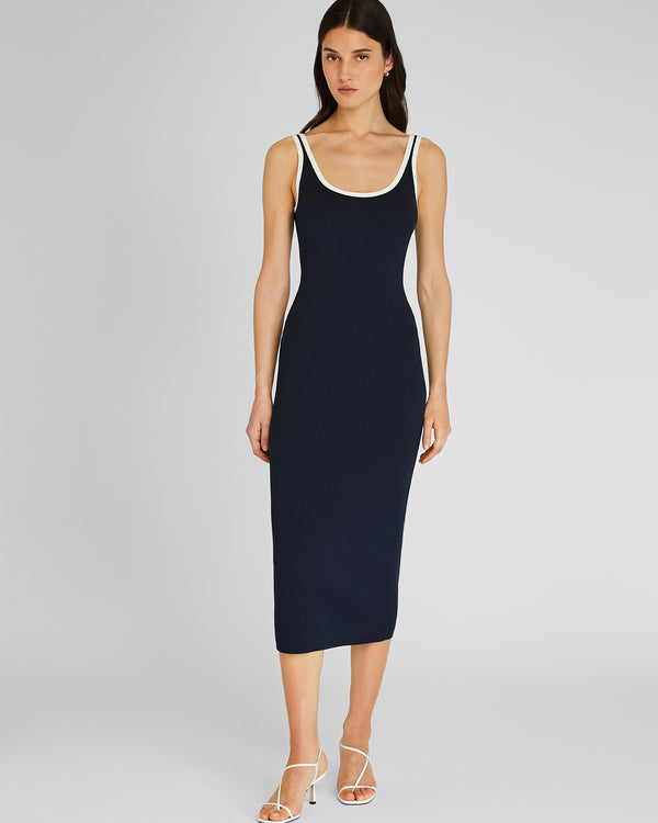 club monaco Textured Ribbed Tank Dress With Contrast Trim Dark Navy