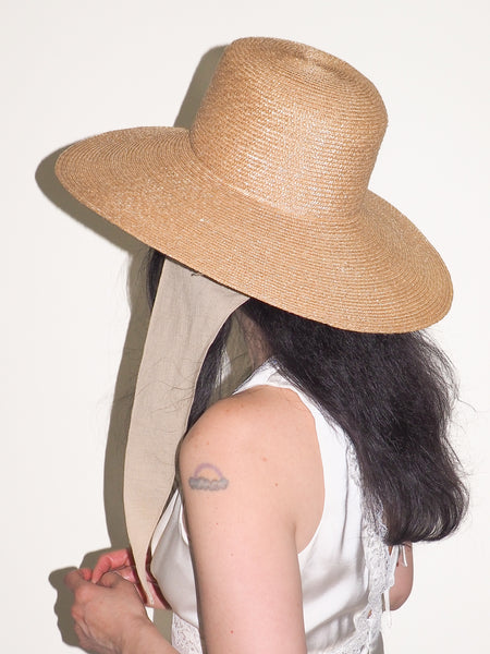 Clyde Wide Brim Flat Top Hat In Sand Straw W. Neck Shade