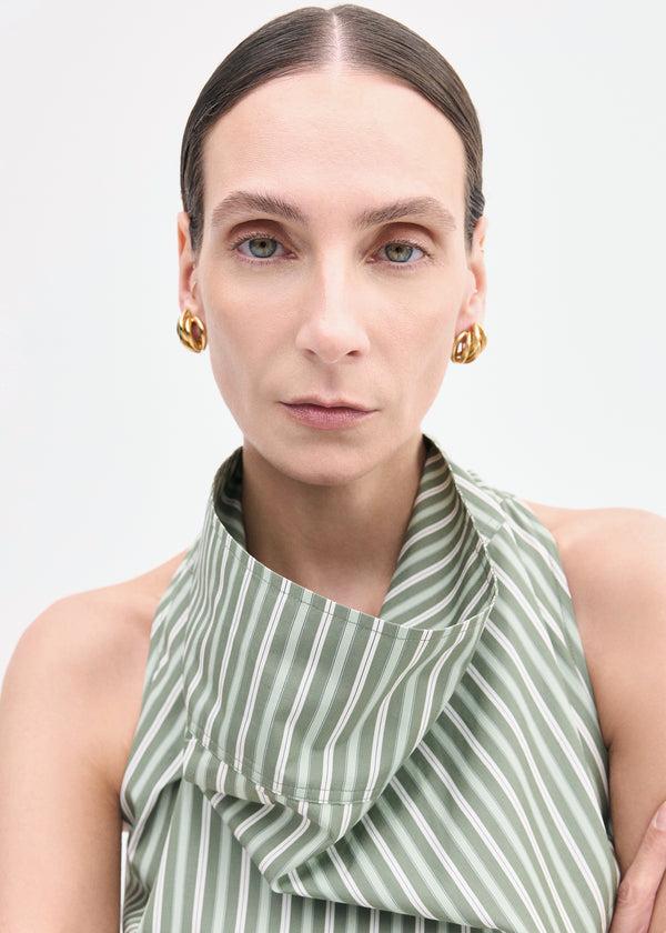 Co High Cowl Neck In Striped Poplin Green Multi