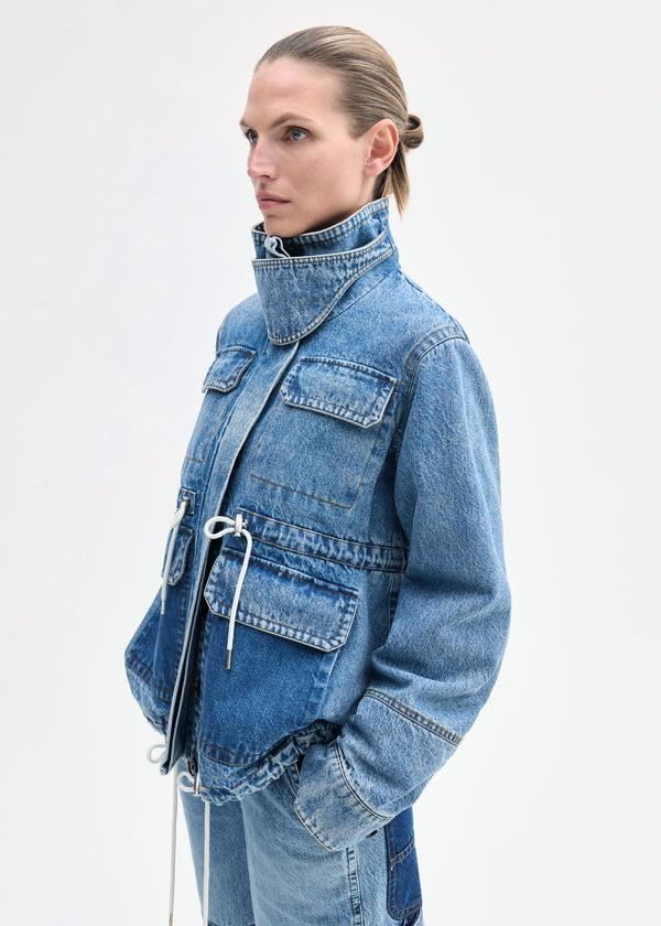 co Military Jacket in Patch Work Denim Indigo