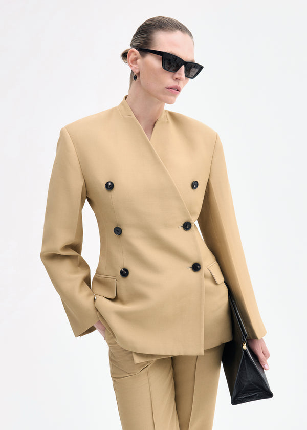co Sculptural Collarless Jacket Camel