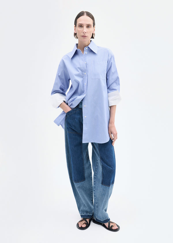 Co Tunic Button Down Shirt In Cotton Blue Multi