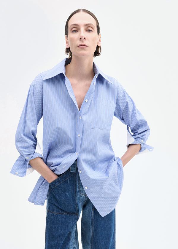 co Tunic Button Down Shirt in Cotton Blue Multi