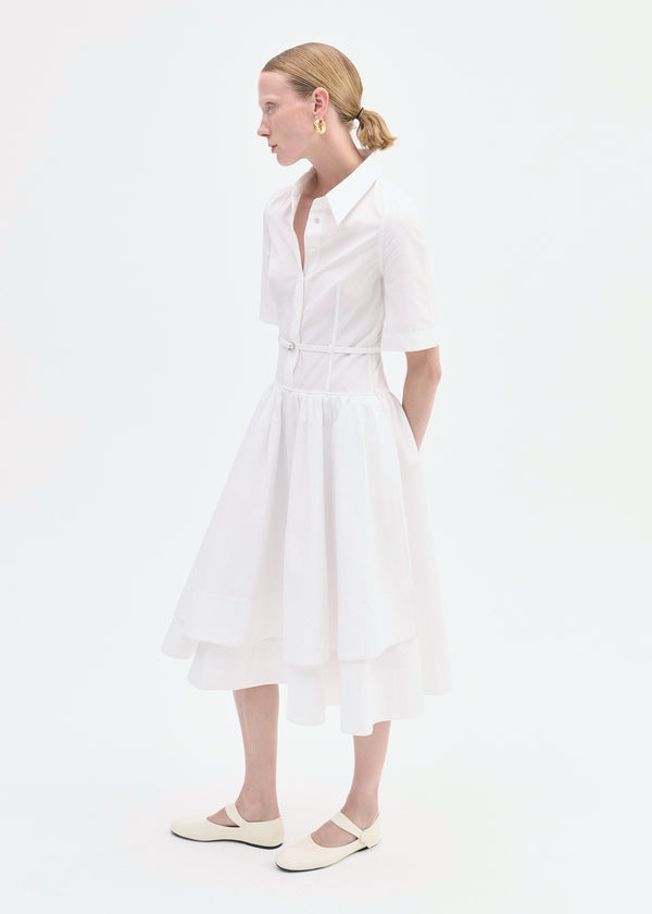 Co Short Sleeve Belted Dress In Cotton Poplin White