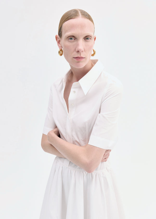 Co Short Sleeve Belted Dress In Cotton Poplin White