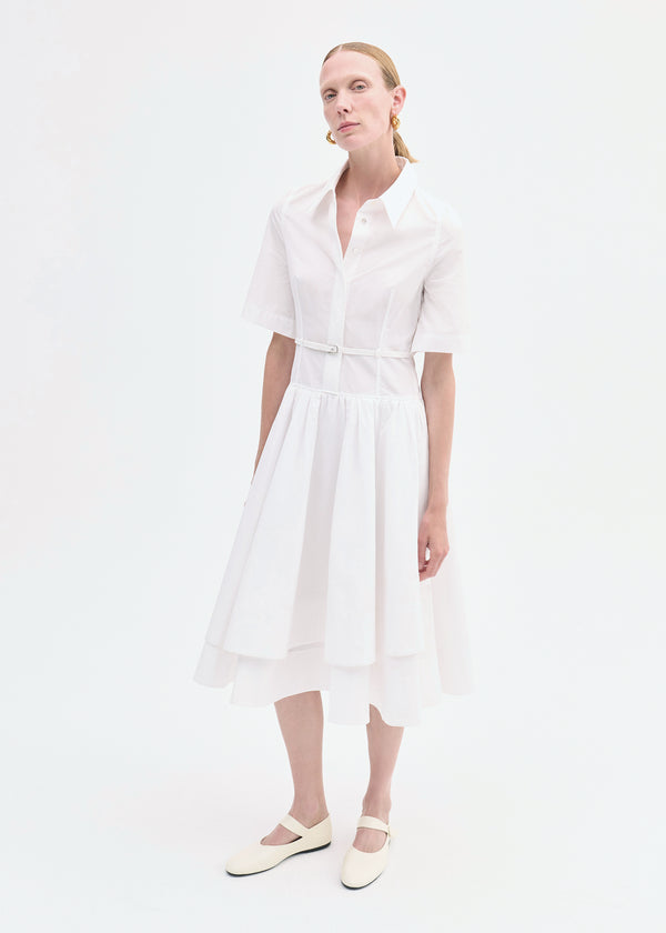 co Short Sleeve Belted Dress in Cotton Poplin White