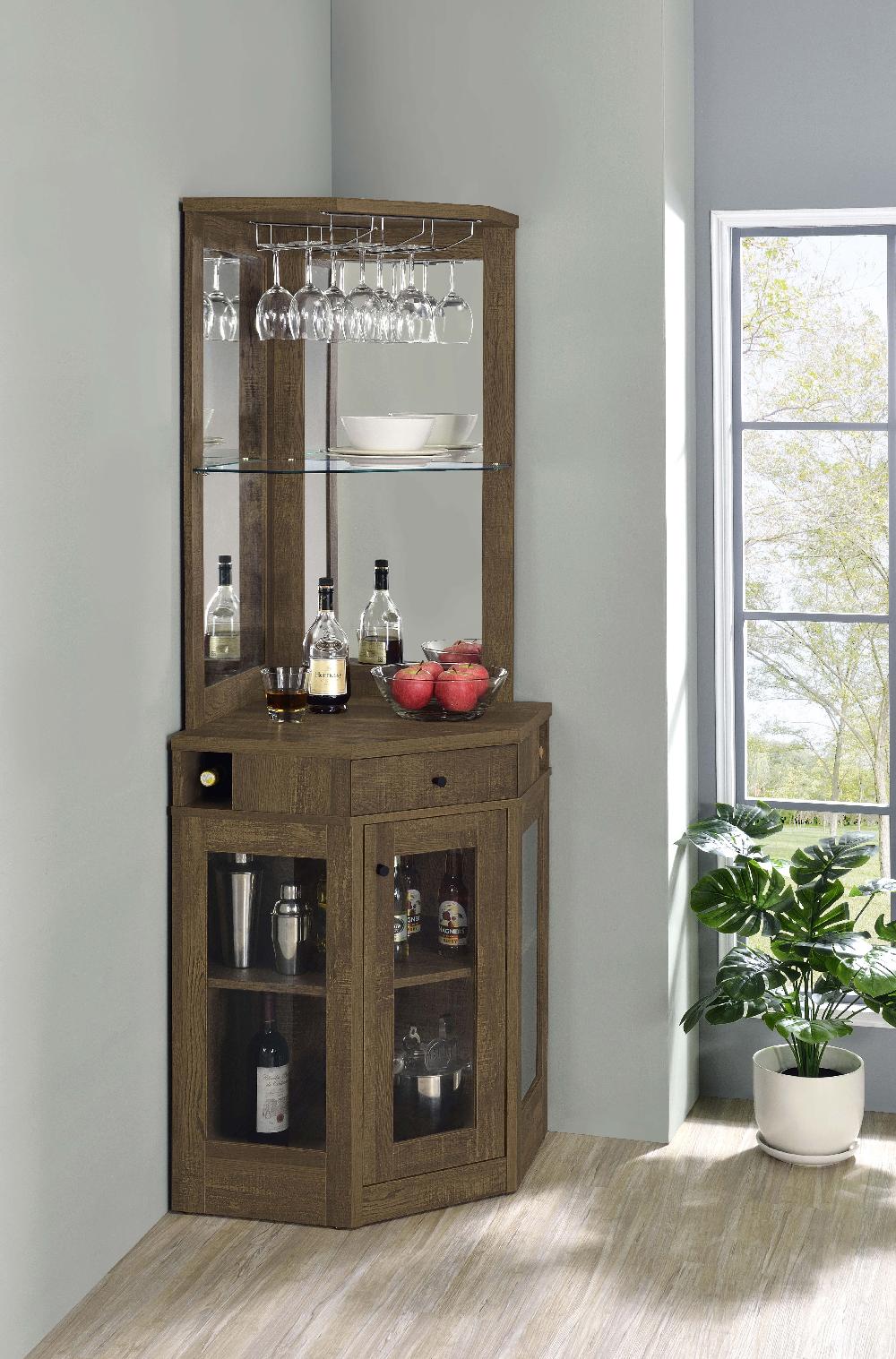 Coaster Alviso 1-drawer Corner Home Bar Wine Cabinet Rustic Oak