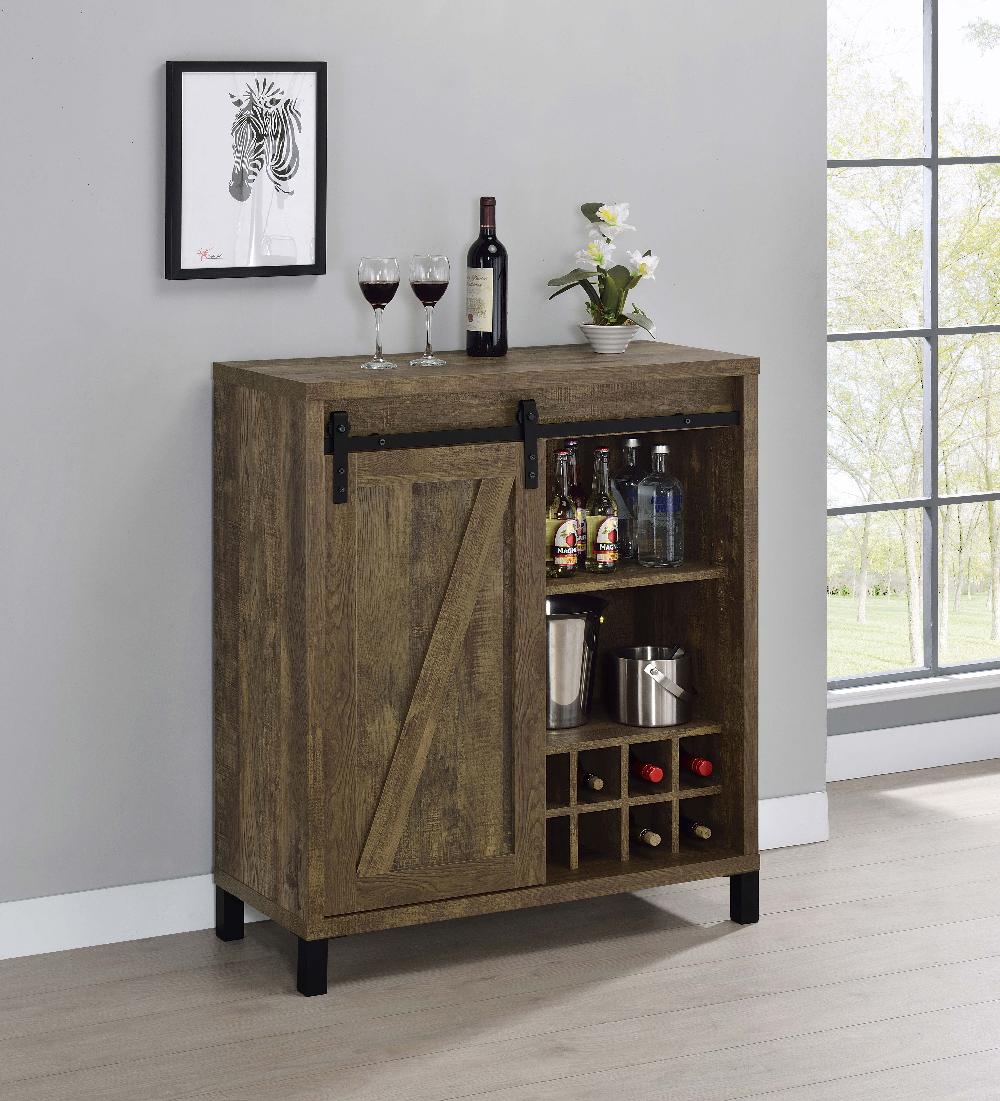 Coaster Arlington Sliding Door Home Bar Wine Cabinet Rustic Oak