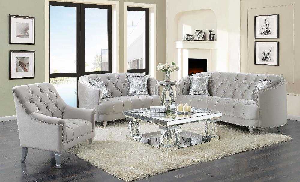 coaster Avonlea 3-piece Upholstered Sloped Arm Sofa Set Grey Velvet