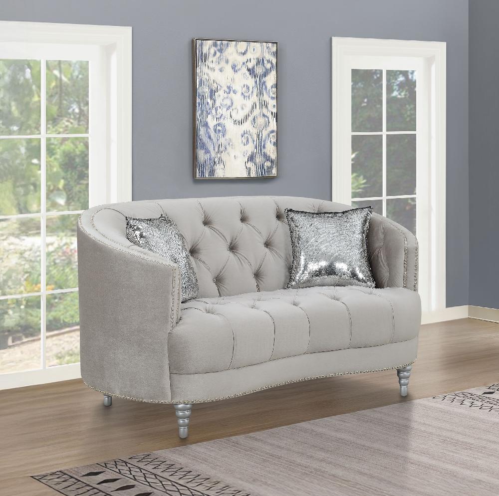 Coaster Avonlea Upholstered Sloped Arm Loveseat Grey Velvet