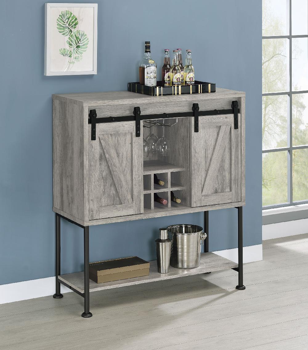 Coaster Claremont Sliding Door Home Bar Wine Cabinet Grey Driftwood