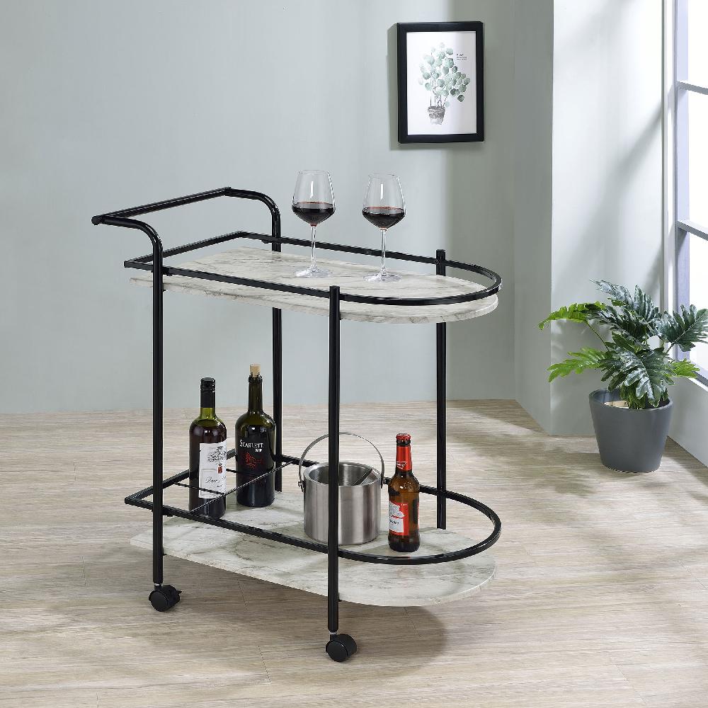 Coaster Desiree 2-tier Faux Marble Shelf Metal Bar Cart Black