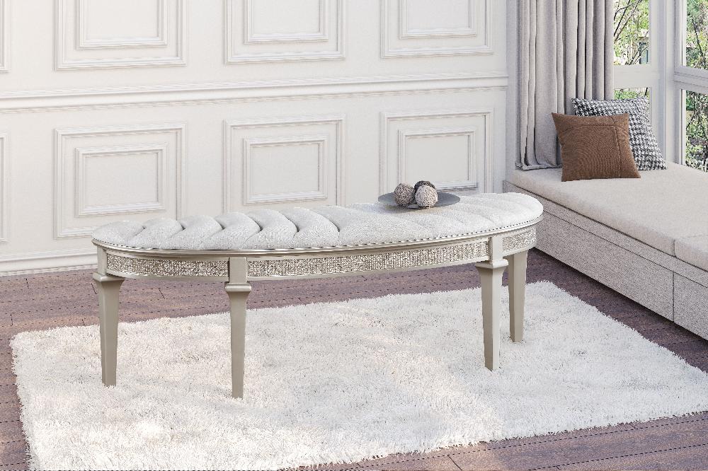 Coaster Evangeline Curved Fabric Upholstered Bench Silver Oak
