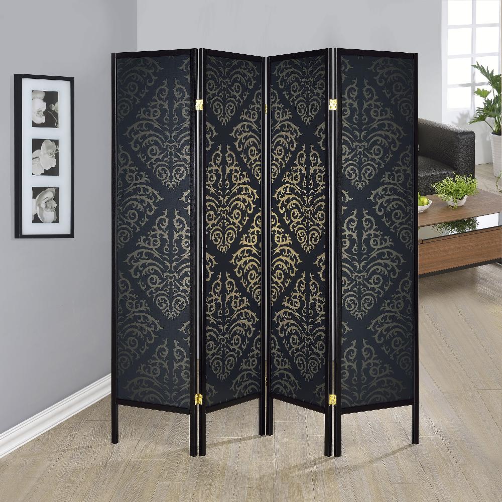 Coaster Haidera 4-Panel Room Divider Folding Screen Black Damask