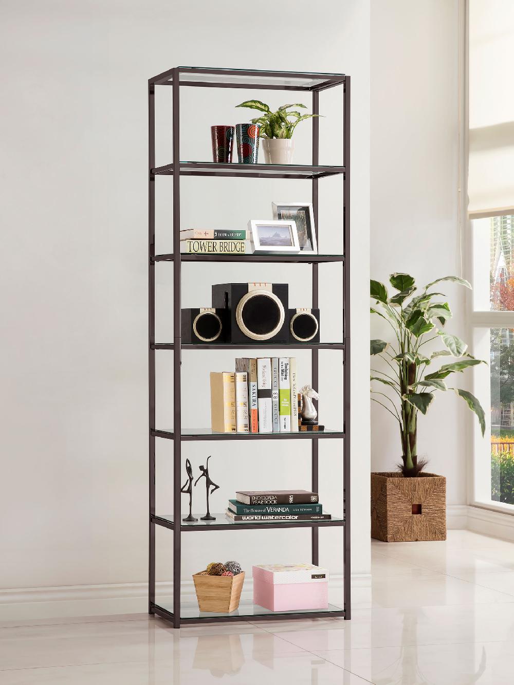 Coaster Kate 78-inch 5-shelf Glass Bookshelf Black Nickel